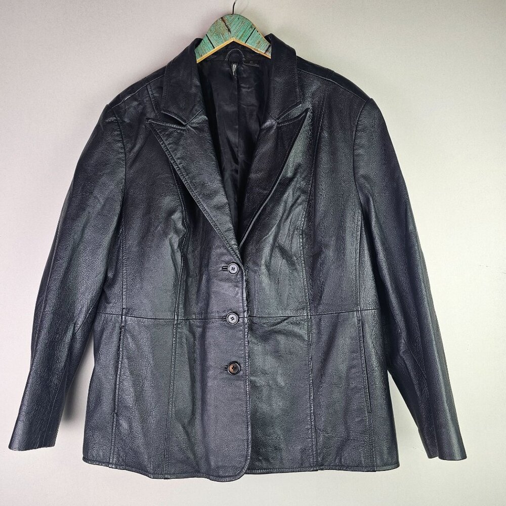 New Directions Woman Black 100% Leather 3 Button Blazer, Pockets, Plus Size, 2X